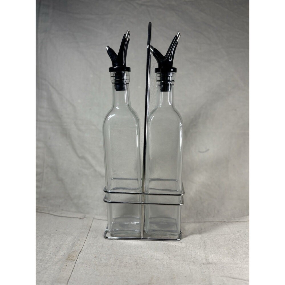 Oil & Vinegar Dispensers Ewers Set of 2 Metal Stand. Caddy Portable